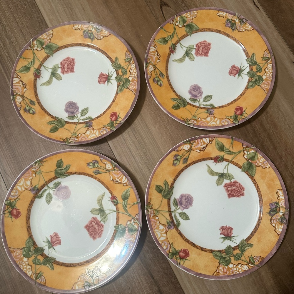 222 Fifth Yellow and Pink Rose Dinner Plates - Set of 4